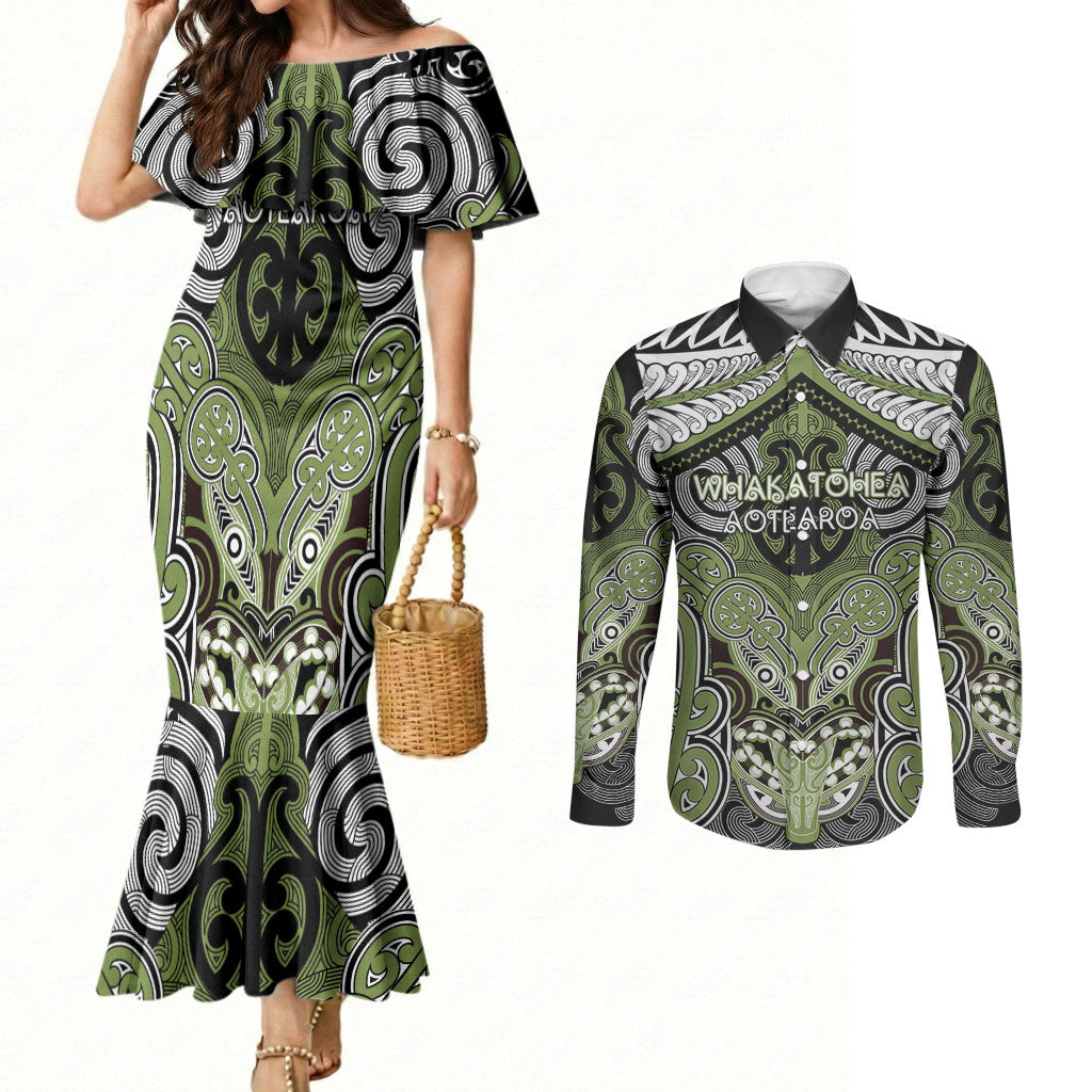 Aotearoa Iwi Whakatohea Personalised Couples Matching Mermaid Dress and Long Sleeve Button Shirt Maori Kowhaiwhai Pattern LT19 Olive Green - Polynesian Pride