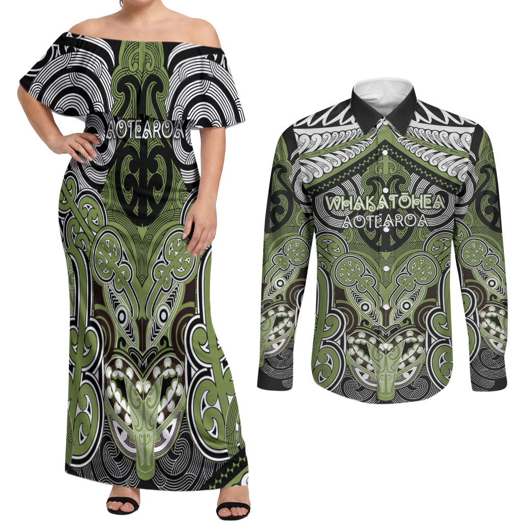 Aotearoa Iwi Whakatohea Personalised Couples Matching Off Shoulder Maxi Dress and Long Sleeve Button Shirt Maori Kowhaiwhai Pattern