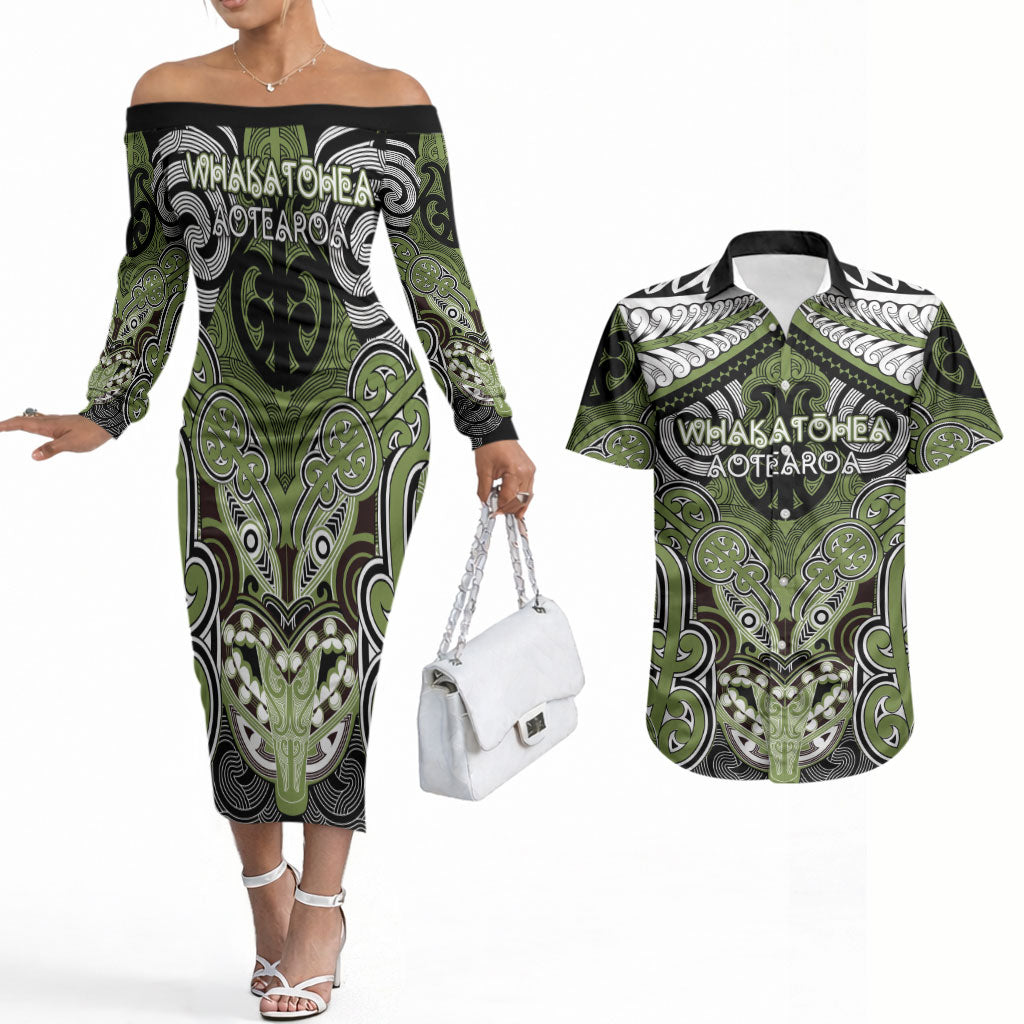 Aotearoa Iwi Whakatohea Personalised Couples Matching Off The Shoulder Long Sleeve Dress and Hawaiian Shirt Maori Kowhaiwhai Pattern LT19 Olive Green - Polynesian Pride