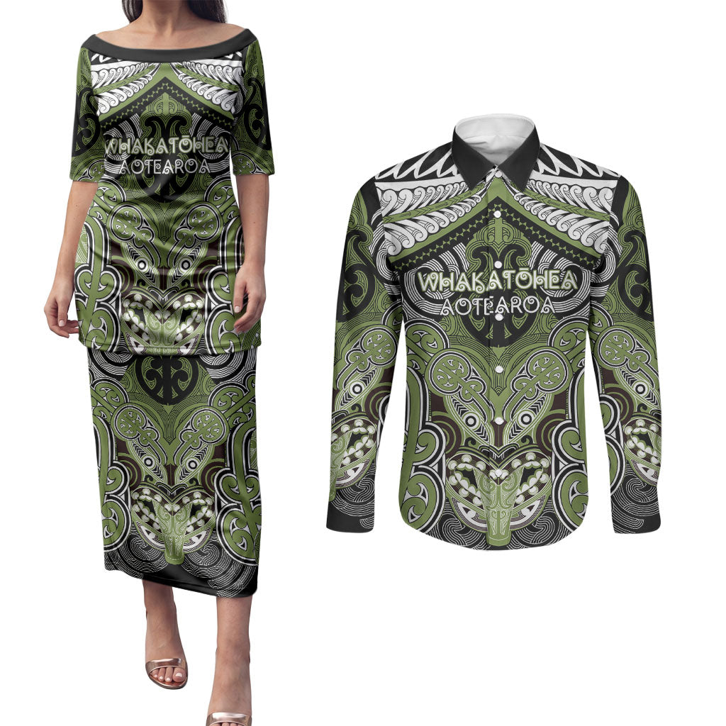 Aotearoa Iwi Whakatohea Personalised Couples Matching Puletasi and Long Sleeve Button Shirt Maori Kowhaiwhai Pattern LT19 Olive Green - Polynesian Pride