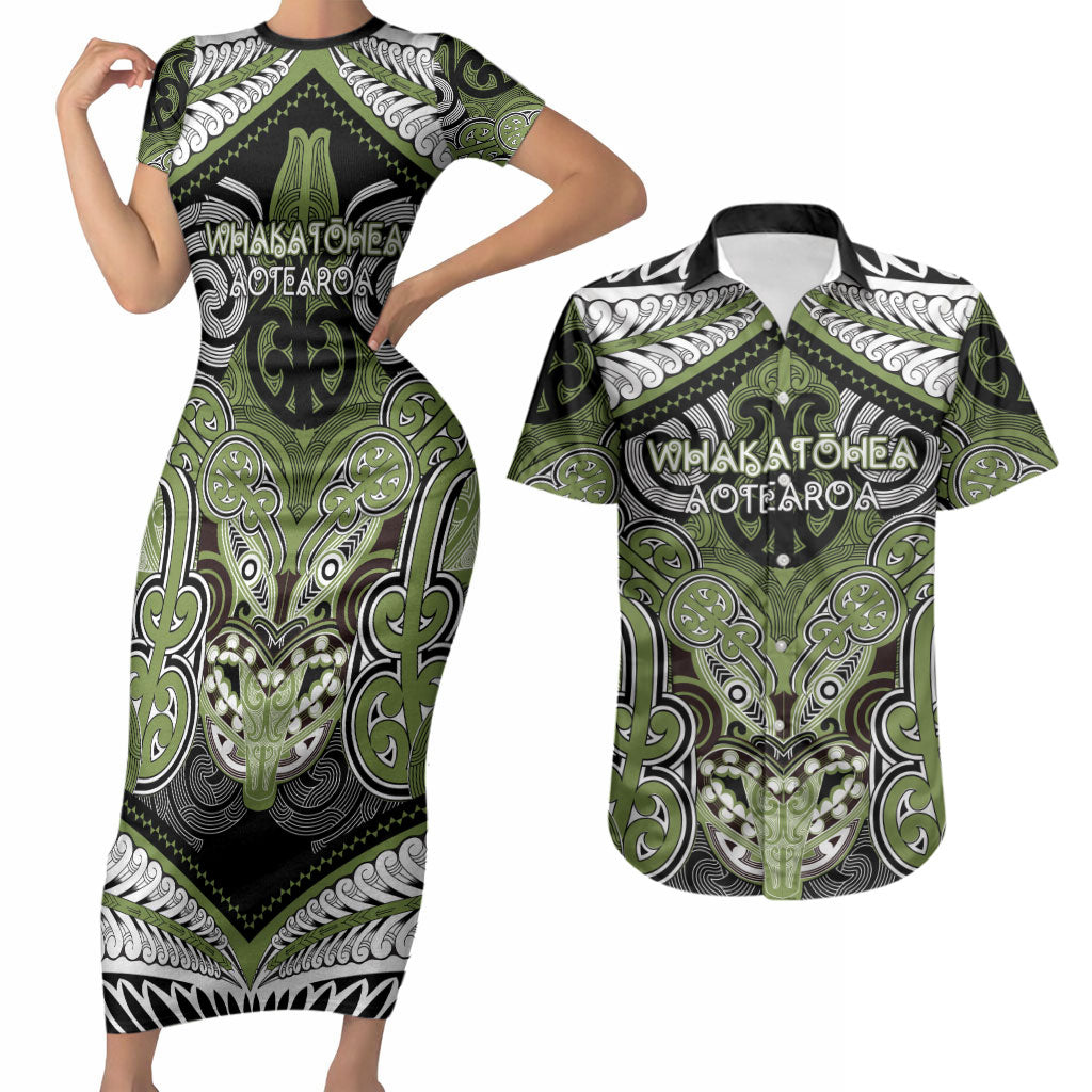 Aotearoa Iwi Whakatohea Personalised Couples Matching Short Sleeve Bodycon Dress and Hawaiian Shirt Maori Kowhaiwhai Pattern