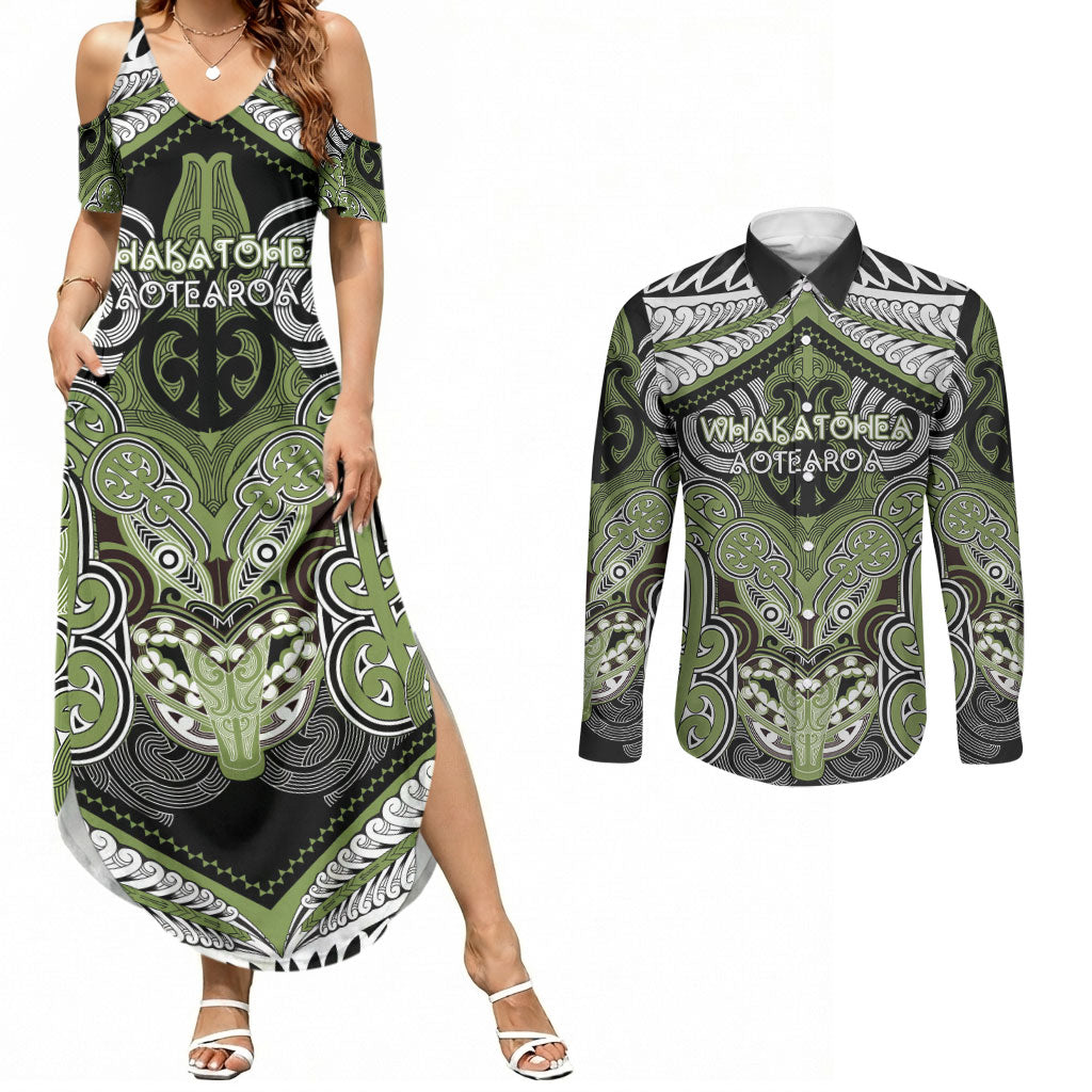 Aotearoa Iwi Whakatohea Personalised Couples Matching Summer Maxi Dress and Long Sleeve Button Shirt Maori Kowhaiwhai Pattern LT19 Olive Green - Polynesian Pride