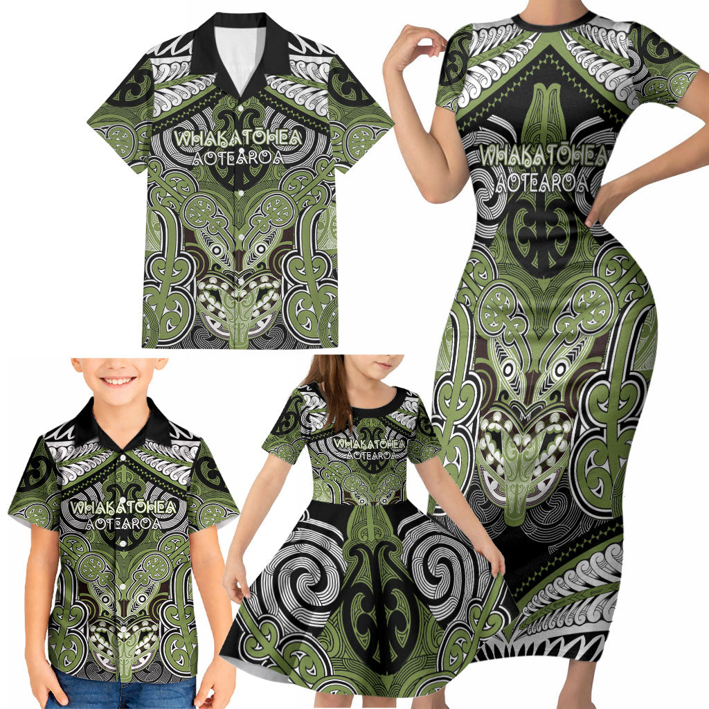 Aotearoa Iwi Whakatohea Personalised Family Matching Short Sleeve Bodycon Dress and Hawaiian Shirt Maori Kowhaiwhai Pattern
