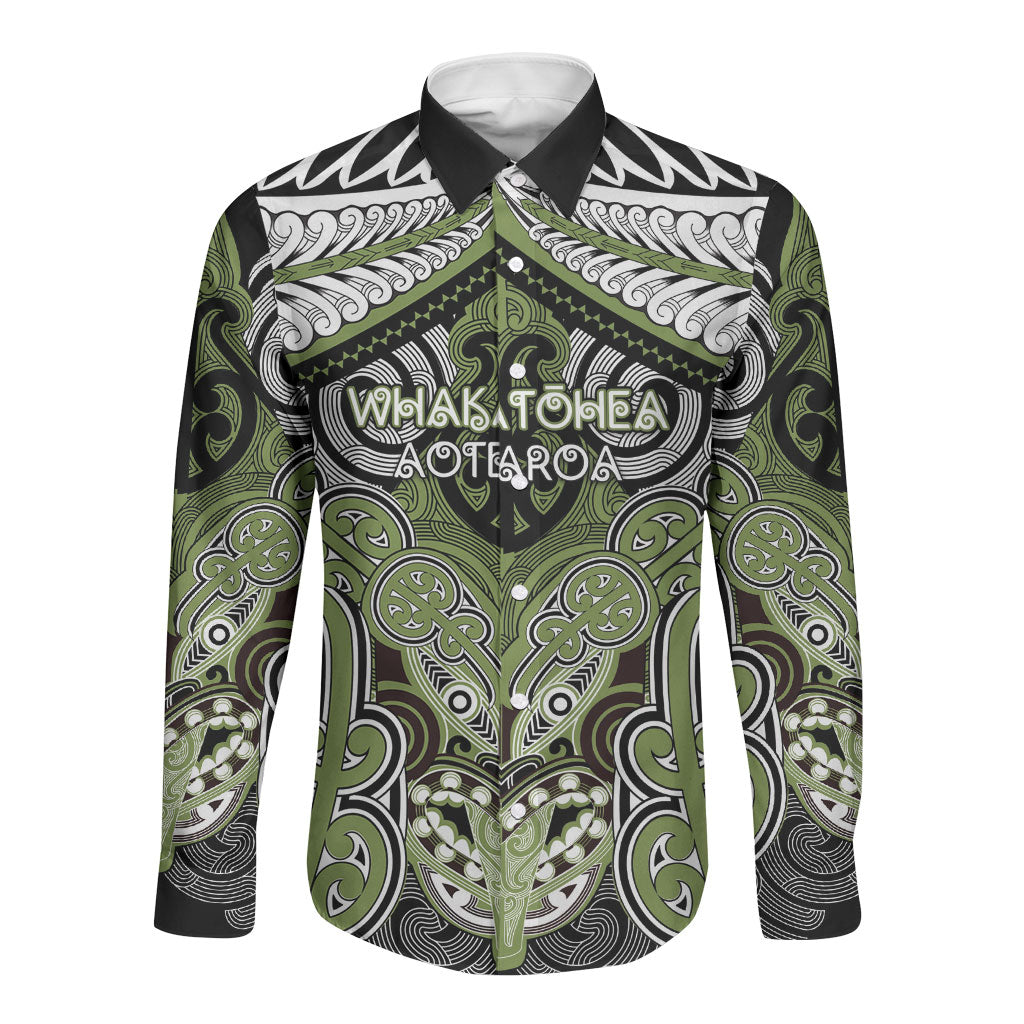 Aotearoa Iwi Whakatohea Personalised Long Sleeve Button Shirt Maori Kowhaiwhai Pattern LT19 Unisex Olive Green - Polynesian Pride