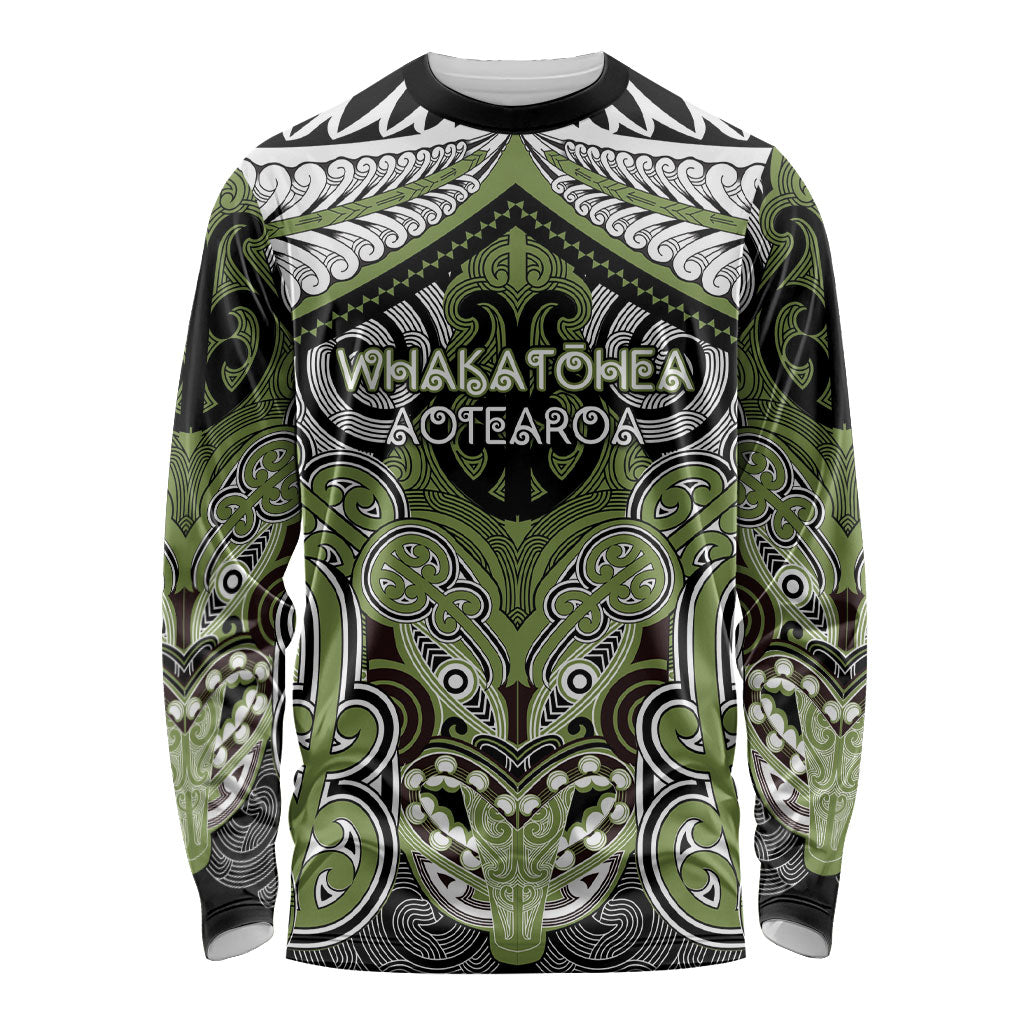 Aotearoa Iwi Whakatohea Personalised Long Sleeve Shirt Maori Kowhaiwhai Pattern LT19 Unisex Olive Green - Polynesian Pride