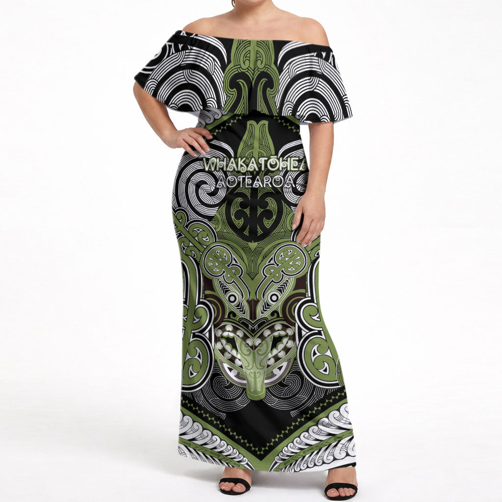 Aotearoa Iwi Whakatohea Personalised Off Shoulder Maxi Dress Maori Kowhaiwhai Pattern LT19 Women Olive Green - Polynesian Pride