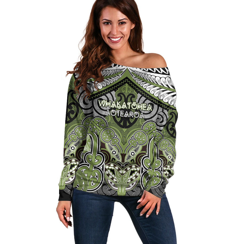 Aotearoa Iwi Whakatohea Personalised Off Shoulder Sweater Maori Kowhaiwhai Pattern LT19 Women Olive Green - Polynesian Pride