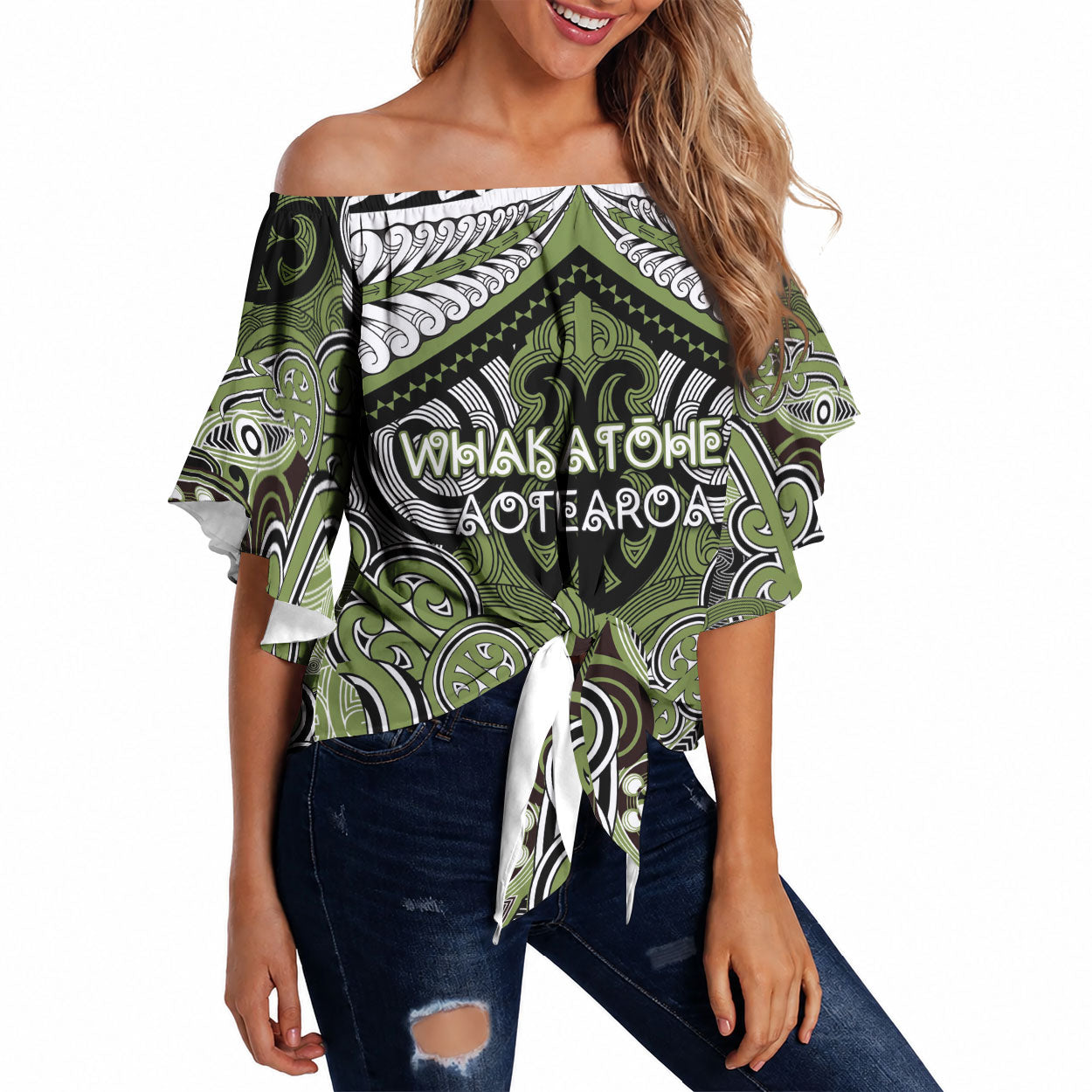 Aotearoa Iwi Whakatohea Personalised Off Shoulder Wrap Waist Top Maori Kowhaiwhai Pattern LT19 Olive Green - Polynesian Pride