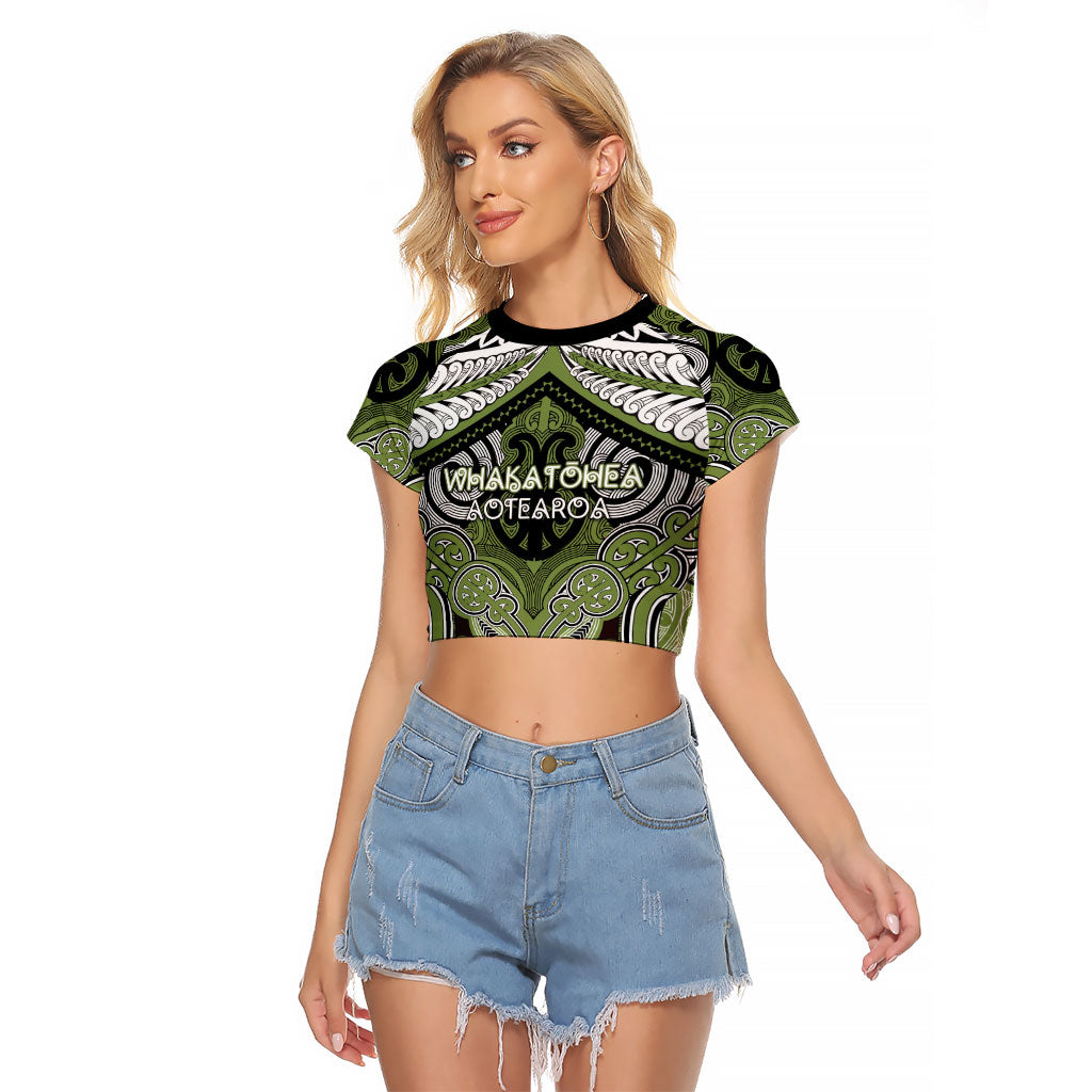 Aotearoa Iwi Whakatohea Personalised Raglan Cropped T Shirt Maori Kowhaiwhai Pattern LT19 Female Olive Green - Polynesian Pride