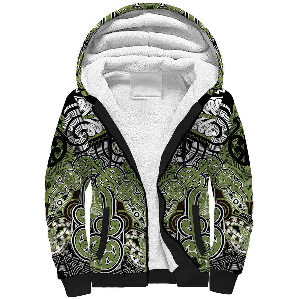 Aotearoa Iwi Whakatohea Personalised Sherpa Hoodie Maori Kowhaiwhai Pattern LT19 Unisex Olive Green - Polynesian Pride