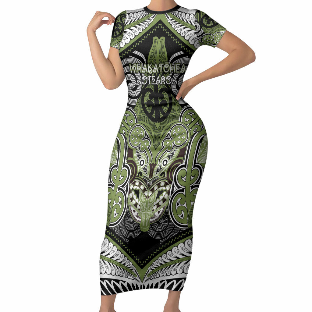 Aotearoa Iwi Whakatohea Personalised Short Sleeve Bodycon Dress Maori Kowhaiwhai Pattern LT19 Long Dress Olive Green - Polynesian Pride