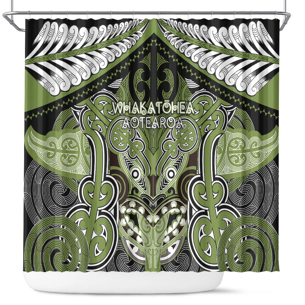 Aotearoa Iwi Whakatohea Shower Curtain Maori Kowhaiwhai Pattern LT19 Olive Green - Polynesian Pride