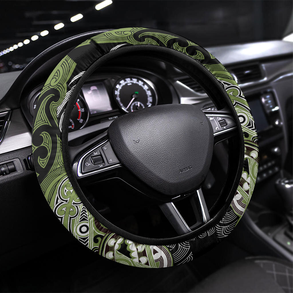 Aotearoa Iwi Whakatohea Steering Wheel Cover Maori Kowhaiwhai Pattern LT19 Universal Fit Olive Green - Polynesian Pride