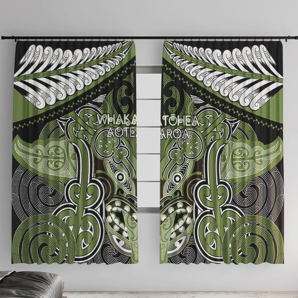 Aotearoa Iwi Whakatohea Window Curtain Maori Kowhaiwhai Pattern LT19 With Hooks Olive Green - Polynesian Pride
