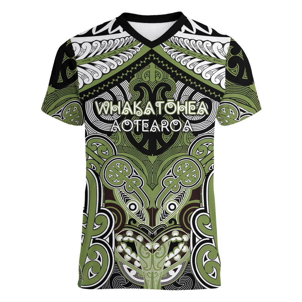 Aotearoa Iwi Whakatohea Personalised Women V-Neck T-Shirt Maori Kowhaiwhai Pattern LT19 Female Olive Green - Polynesian Pride