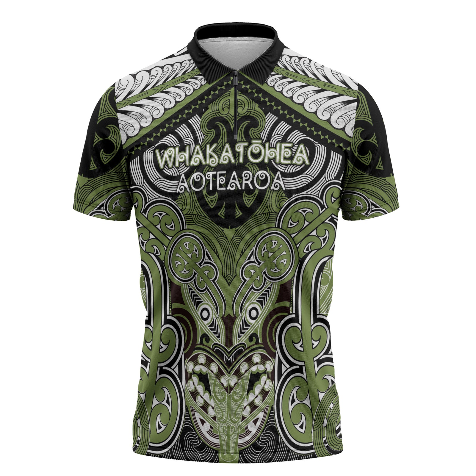 Aotearoa Iwi Whakatohea Personalised Zipper Polo Shirt Maori Kowhaiwhai Pattern LT19 Olive Green - Polynesian Pride