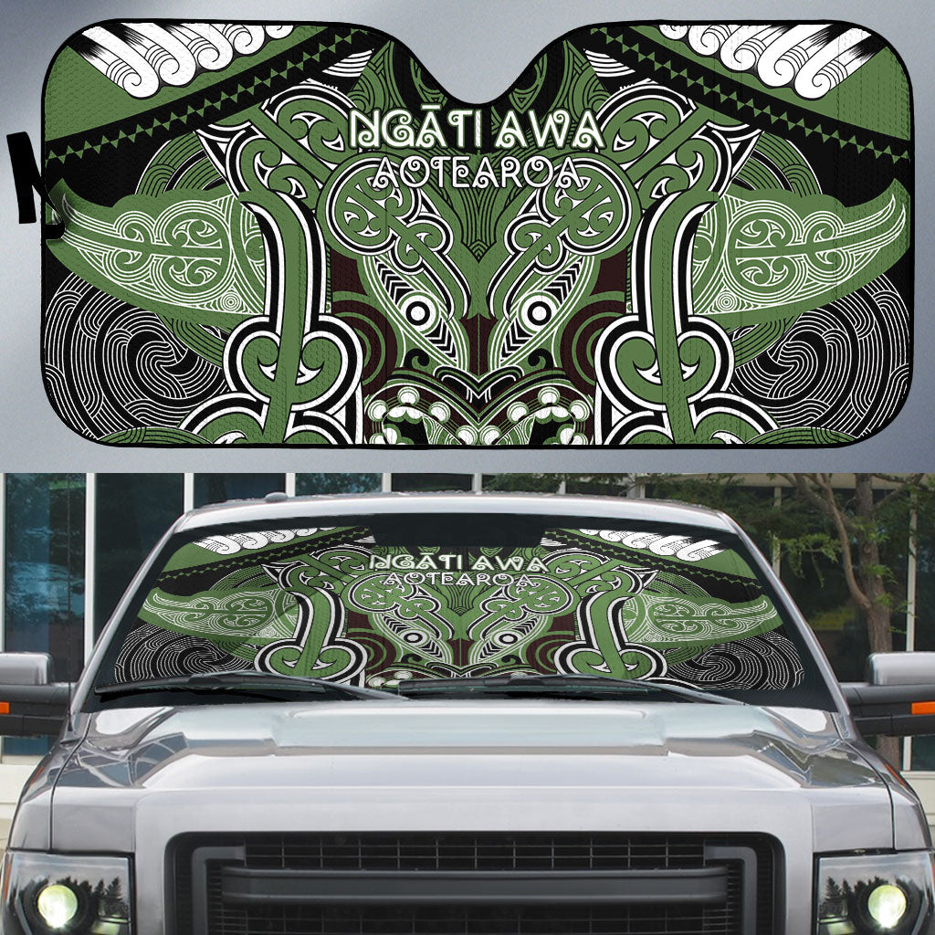 Aotearoa Iwi Ngati Awa Auto Sun Shade Maori Kowhaiwhai Pattern LT19 Green - Polynesian Pride