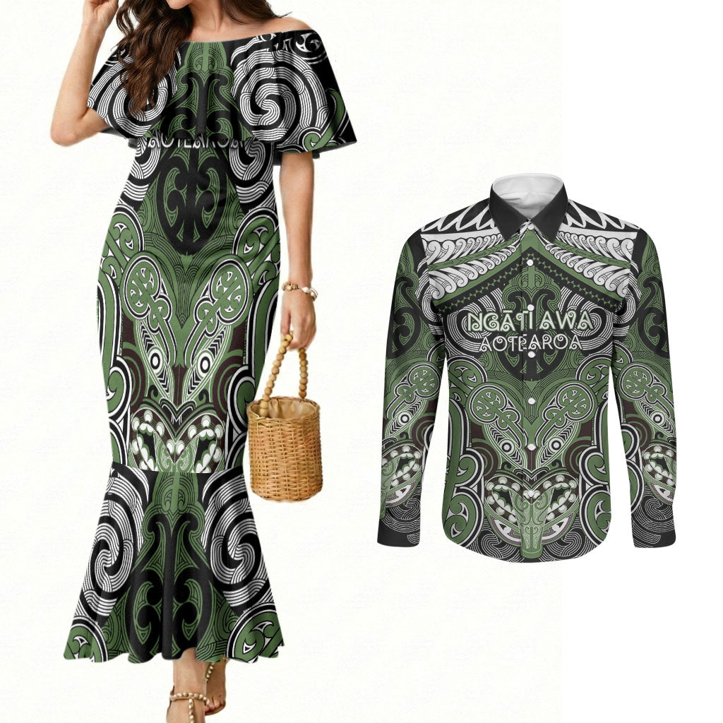 Aotearoa Iwi Ngati Awa Personalised Couples Matching Mermaid Dress and Long Sleeve Button Shirt Maori Kowhaiwhai Pattern
