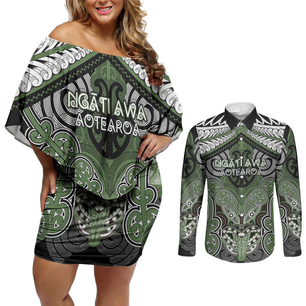 Aotearoa Iwi Ngati Awa Personalised Couples Matching Off Shoulder Short Dress and Long Sleeve Button Shirt Maori Kowhaiwhai Pattern LT19 Green - Polynesian Pride