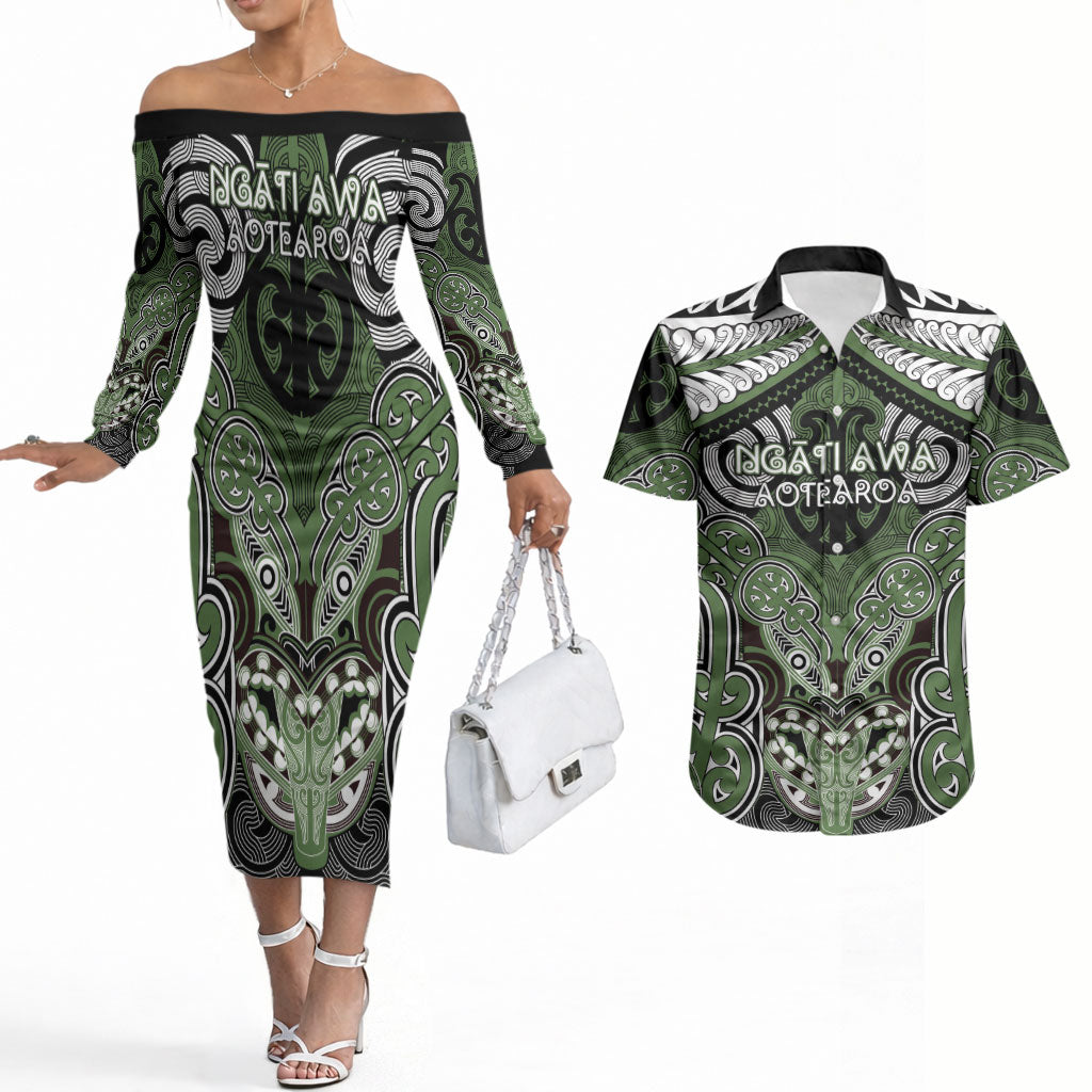 Aotearoa Iwi Ngati Awa Personalised Couples Matching Off The Shoulder Long Sleeve Dress and Hawaiian Shirt Maori Kowhaiwhai Pattern LT19 Green - Polynesian Pride