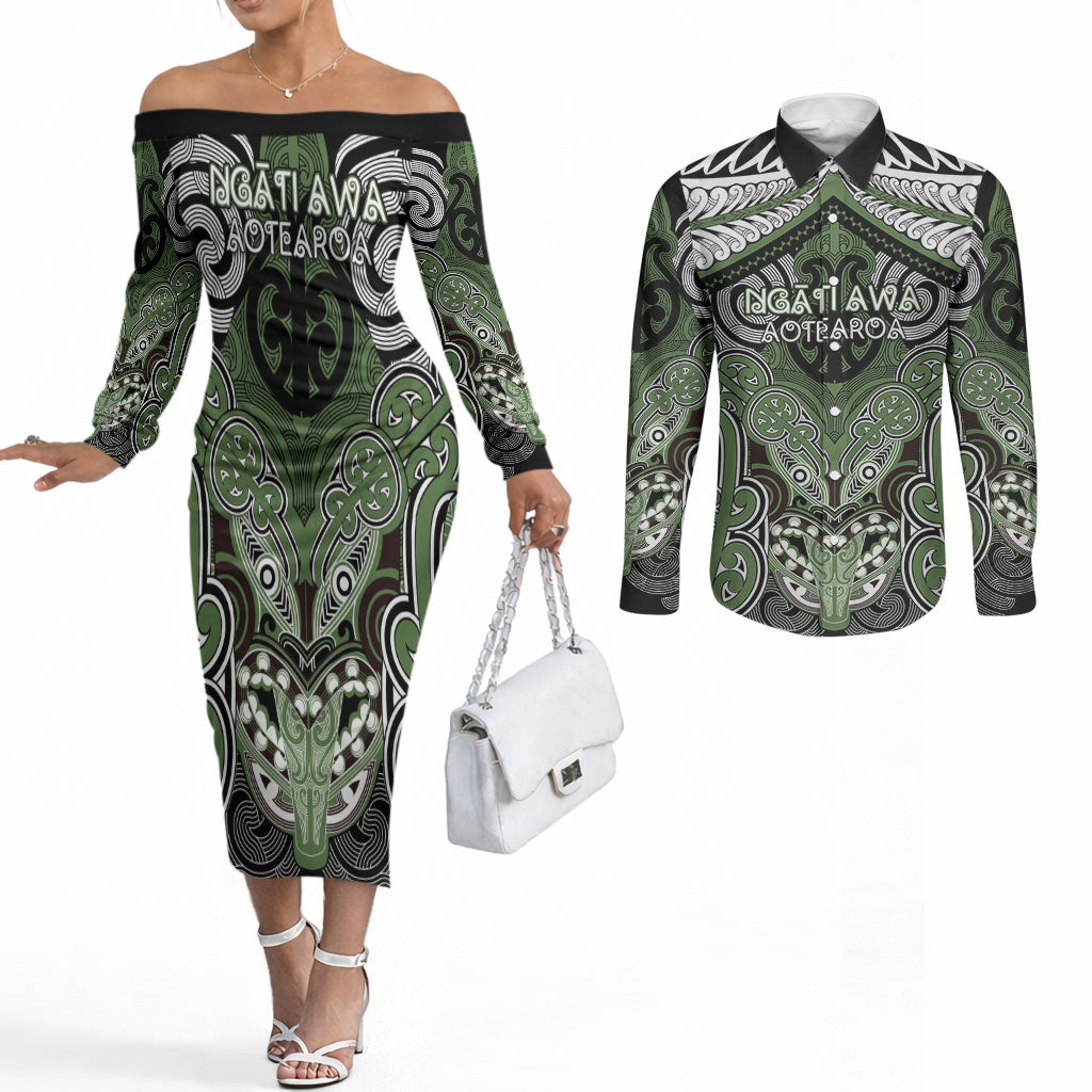 Aotearoa Iwi Ngati Awa Personalised Couples Matching Off The Shoulder Long Sleeve Dress and Long Sleeve Button Shirt Maori Kowhaiwhai Pattern