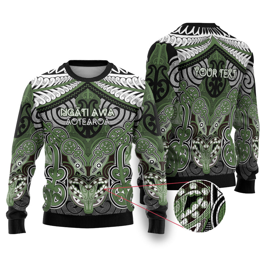 Aotearoa Iwi Ngati Awa Personalised Ugly Christmas Sweater Maori Kowhaiwhai Pattern LT19 Green - Polynesian Pride