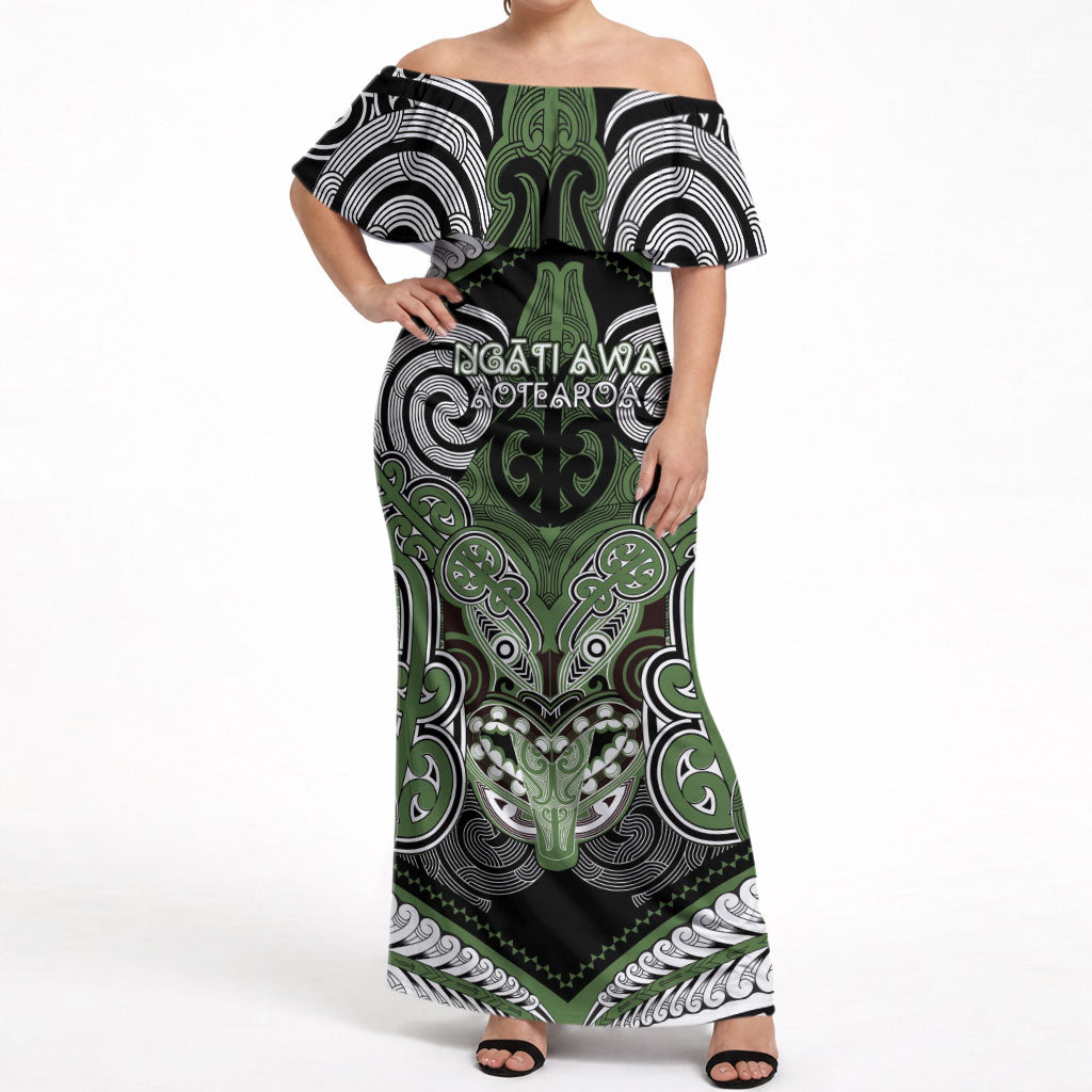Aotearoa Iwi Ngati Awa Personalised Off Shoulder Maxi Dress Maori Kowhaiwhai Pattern LT19 Women Green - Polynesian Pride