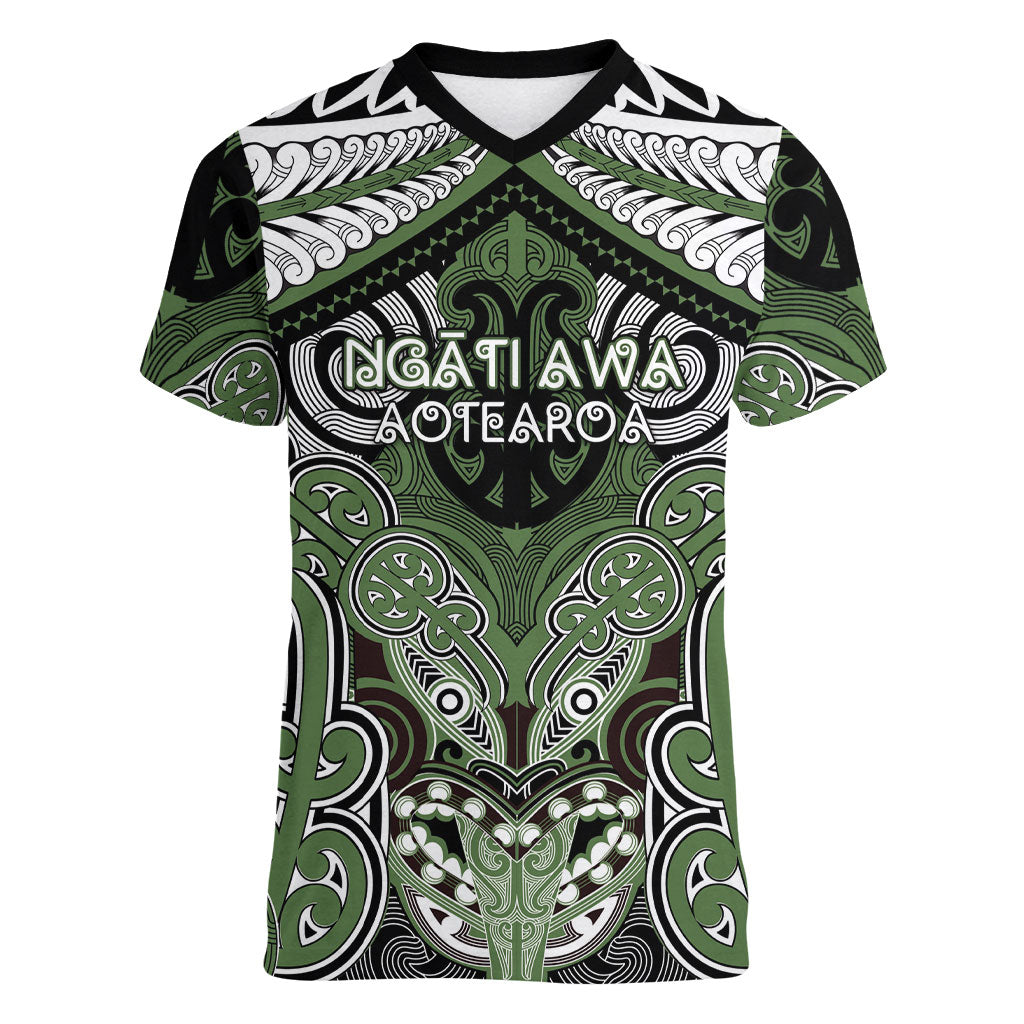 Aotearoa Iwi Ngati Awa Personalised Women V-Neck T-Shirt Maori Kowhaiwhai Pattern LT19 Female Green - Polynesian Pride