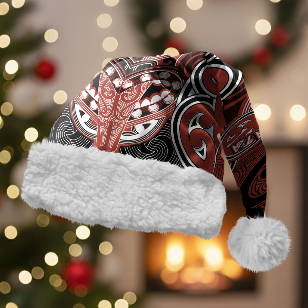 Aotearoa Iwi Rongowhakaata Personalised Christmas Santa Hat Maori Kowhaiwhai Pattern LT19 With Fur Red - Polynesian Pride