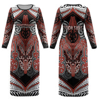 Aotearoa Iwi Rongowhakaata Personalised Couples Matching Long Sleeve Bodycon Dress and Long Sleeve Button Shirt Maori Kowhaiwhai Pattern