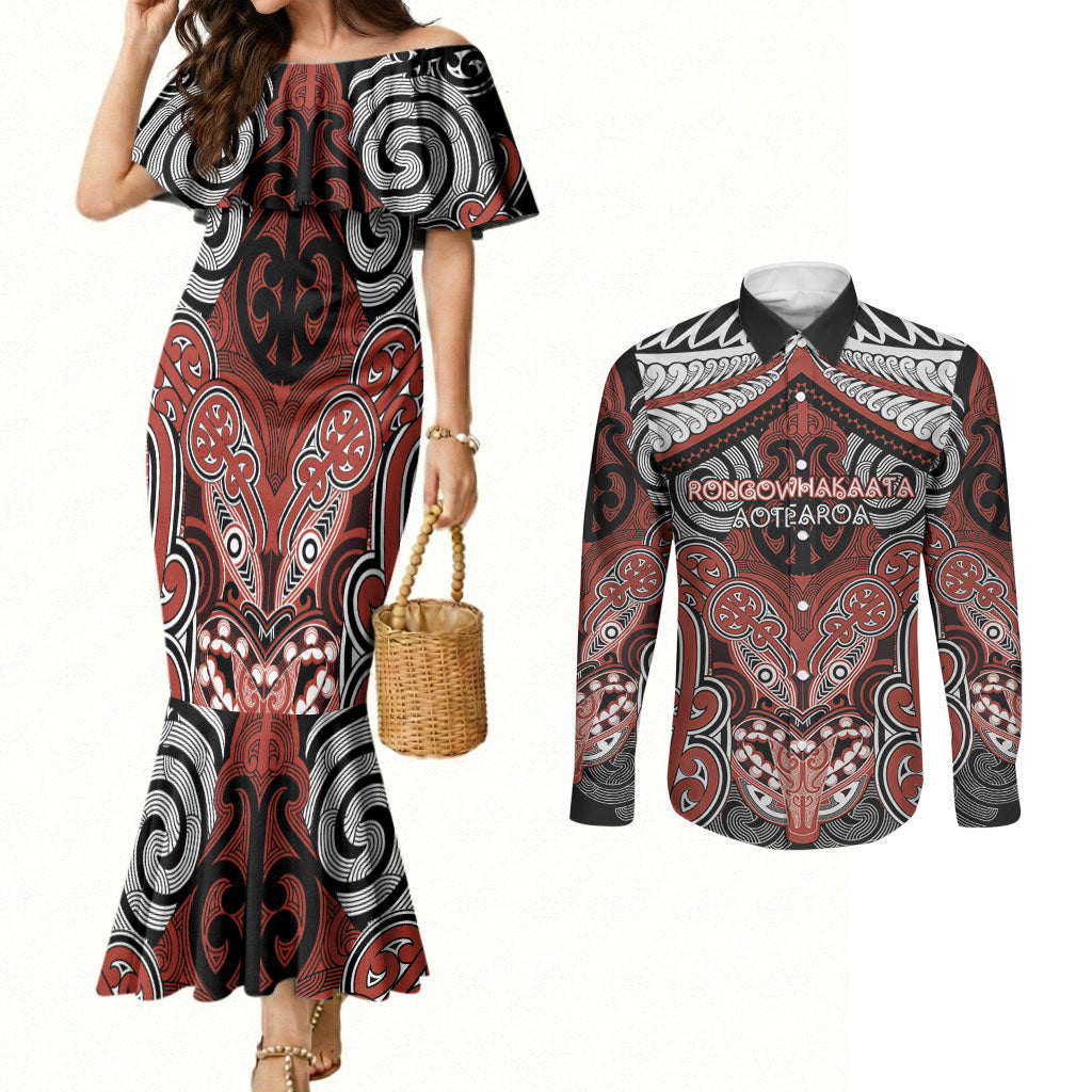 Aotearoa Iwi Rongowhakaata Personalised Couples Matching Mermaid Dress and Long Sleeve Button Shirt Maori Kowhaiwhai Pattern