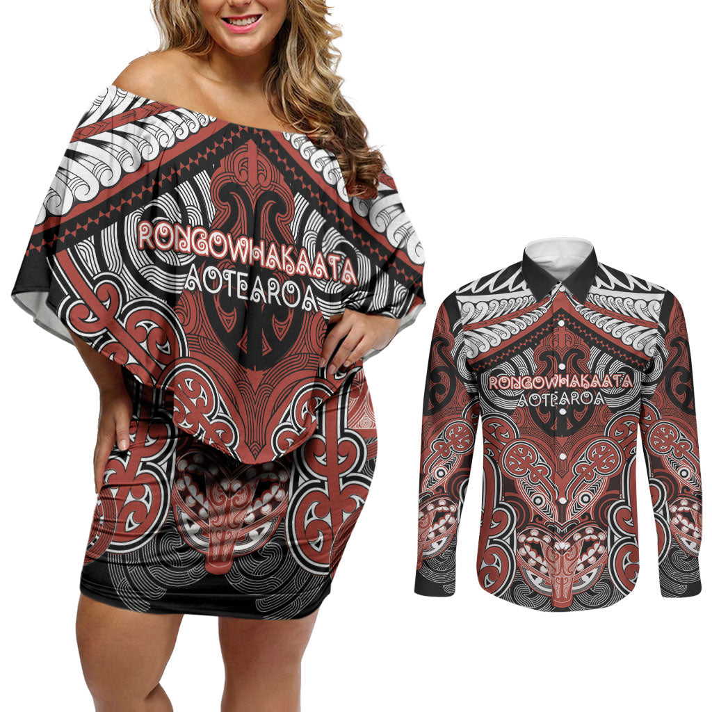 Aotearoa Iwi Rongowhakaata Personalised Couples Matching Off Shoulder Short Dress and Long Sleeve Button Shirt Maori Kowhaiwhai Pattern LT19 Red - Polynesian Pride