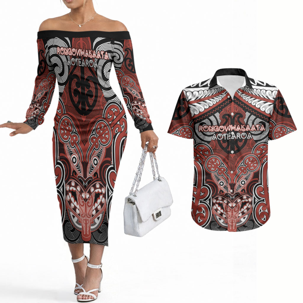 Aotearoa Iwi Rongowhakaata Personalised Couples Matching Off The Shoulder Long Sleeve Dress and Hawaiian Shirt Maori Kowhaiwhai Pattern LT19 Red - Polynesian Pride