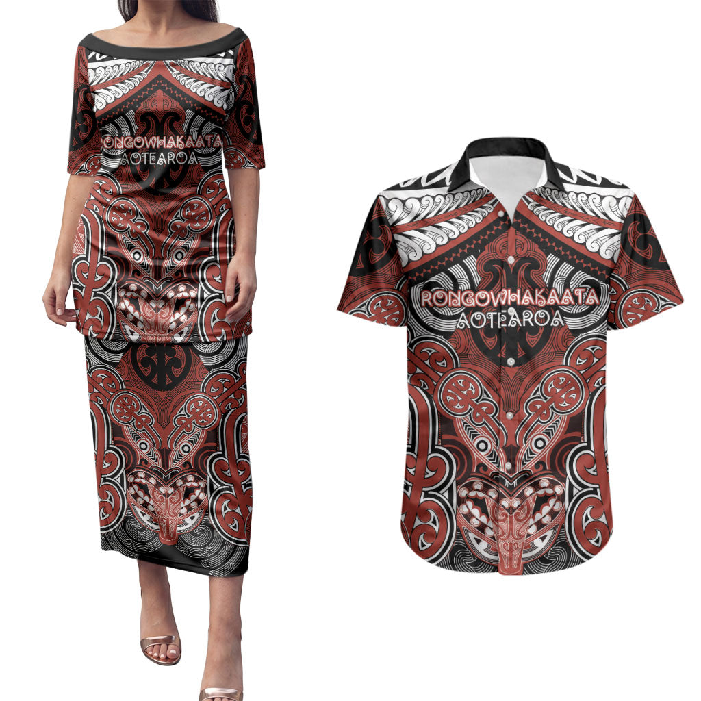 Aotearoa Iwi Rongowhakaata Personalised Couples Matching Puletasi and Hawaiian Shirt Maori Kowhaiwhai Pattern LT19 Red - Polynesian Pride