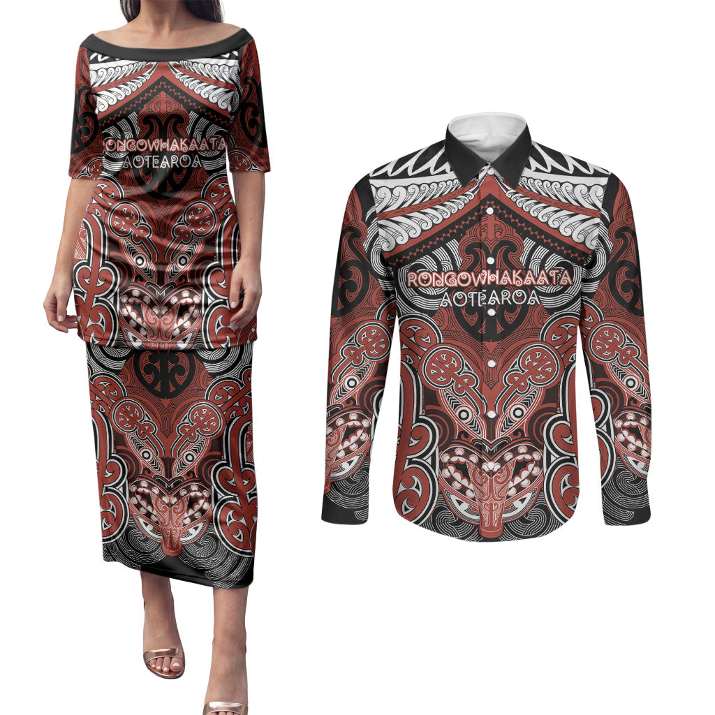 Aotearoa Iwi Rongowhakaata Personalised Couples Matching Puletasi and Long Sleeve Button Shirt Maori Kowhaiwhai Pattern LT19 Red - Polynesian Pride