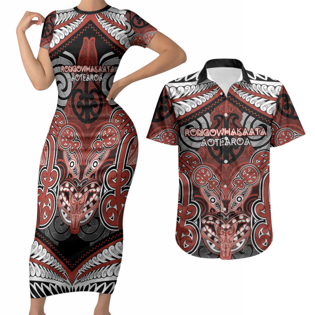 Aotearoa Iwi Rongowhakaata Personalised Couples Matching Short Sleeve Bodycon Dress and Hawaiian Shirt Maori Kowhaiwhai Pattern LT19 Red - Polynesian Pride