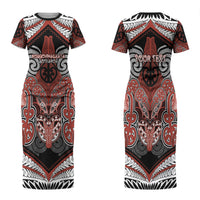 Aotearoa Iwi Rongowhakaata Personalised Couples Matching Short Sleeve Bodycon Dress and Long Sleeve Button Shirt Maori Kowhaiwhai Pattern