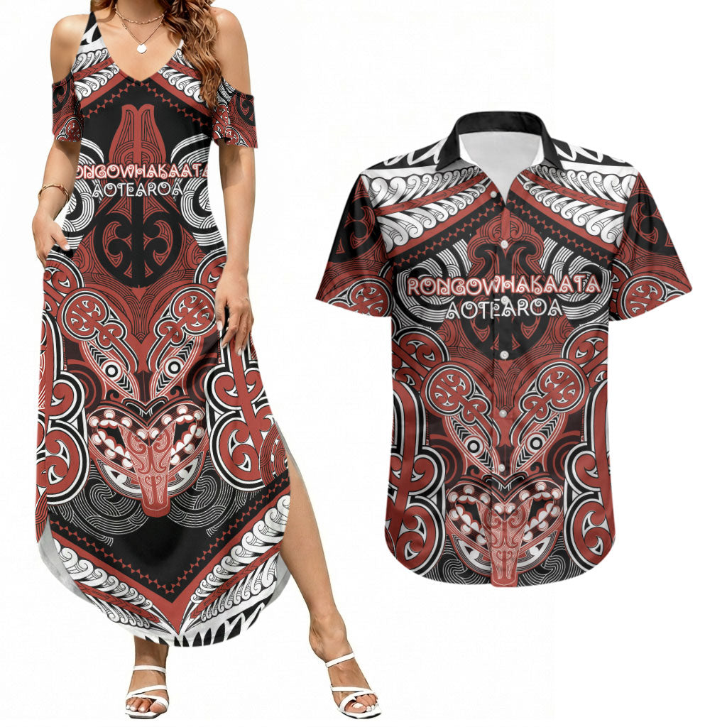 Aotearoa Iwi Rongowhakaata Personalised Couples Matching Summer Maxi Dress and Hawaiian Shirt Maori Kowhaiwhai Pattern