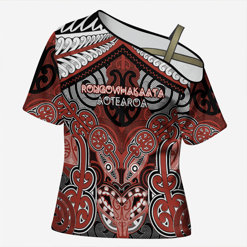 Aotearoa Iwi Rongowhakaata Personalised Cross Shoulder Shirt Maori Kowhaiwhai Pattern LT19 Female Red - Polynesian Pride