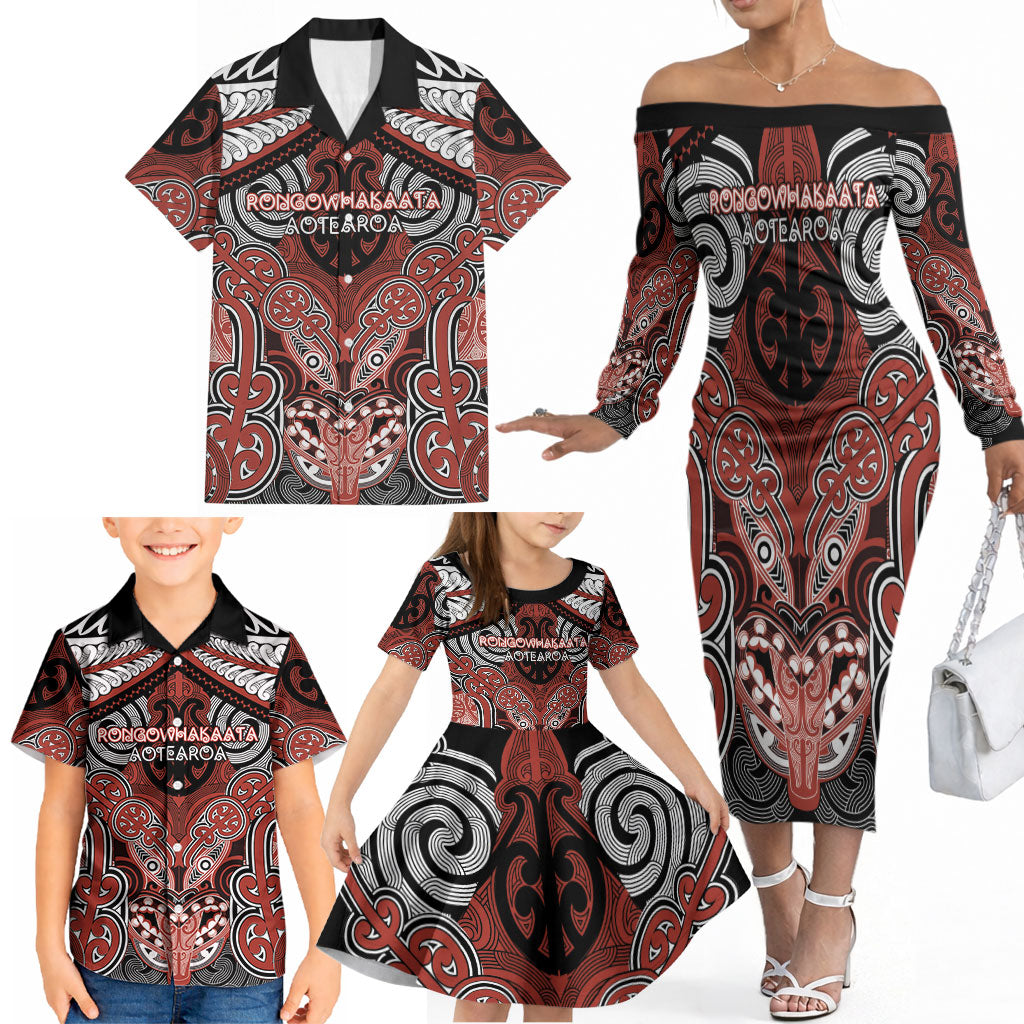 Aotearoa Iwi Rongowhakaata Personalised Family Matching Off The Shoulder Long Sleeve Dress and Hawaiian Shirt Maori Kowhaiwhai Pattern