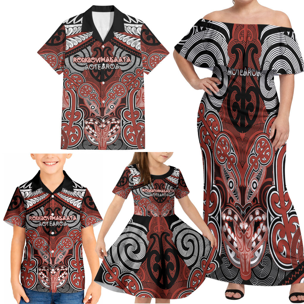 Aotearoa Iwi Rongowhakaata Personalised Family Matching Off Shoulder Maxi Dress and Hawaiian Shirt Maori Kowhaiwhai Pattern LT19 - Polynesian Pride
