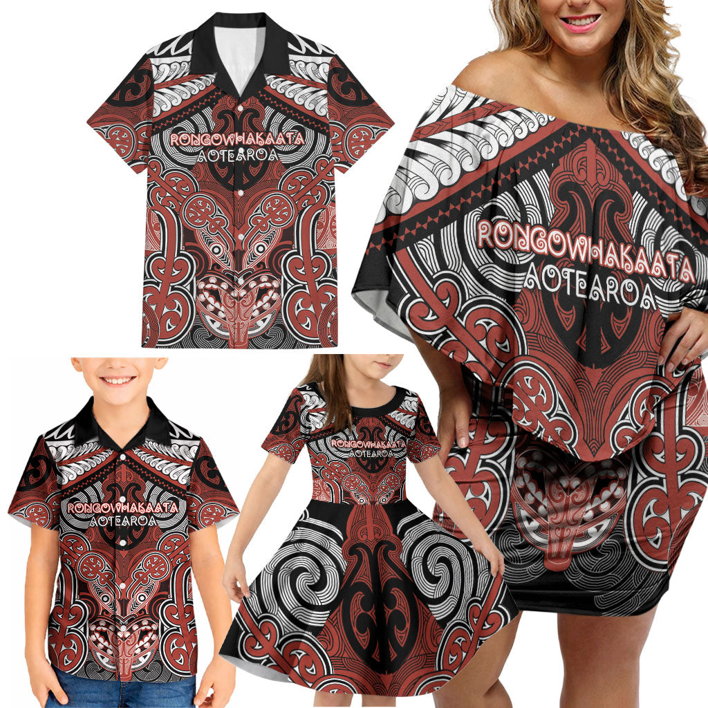 Aotearoa Iwi Rongowhakaata Personalised Family Matching Off Shoulder Short Dress and Hawaiian Shirt Maori Kowhaiwhai Pattern LT19 - Polynesian Pride