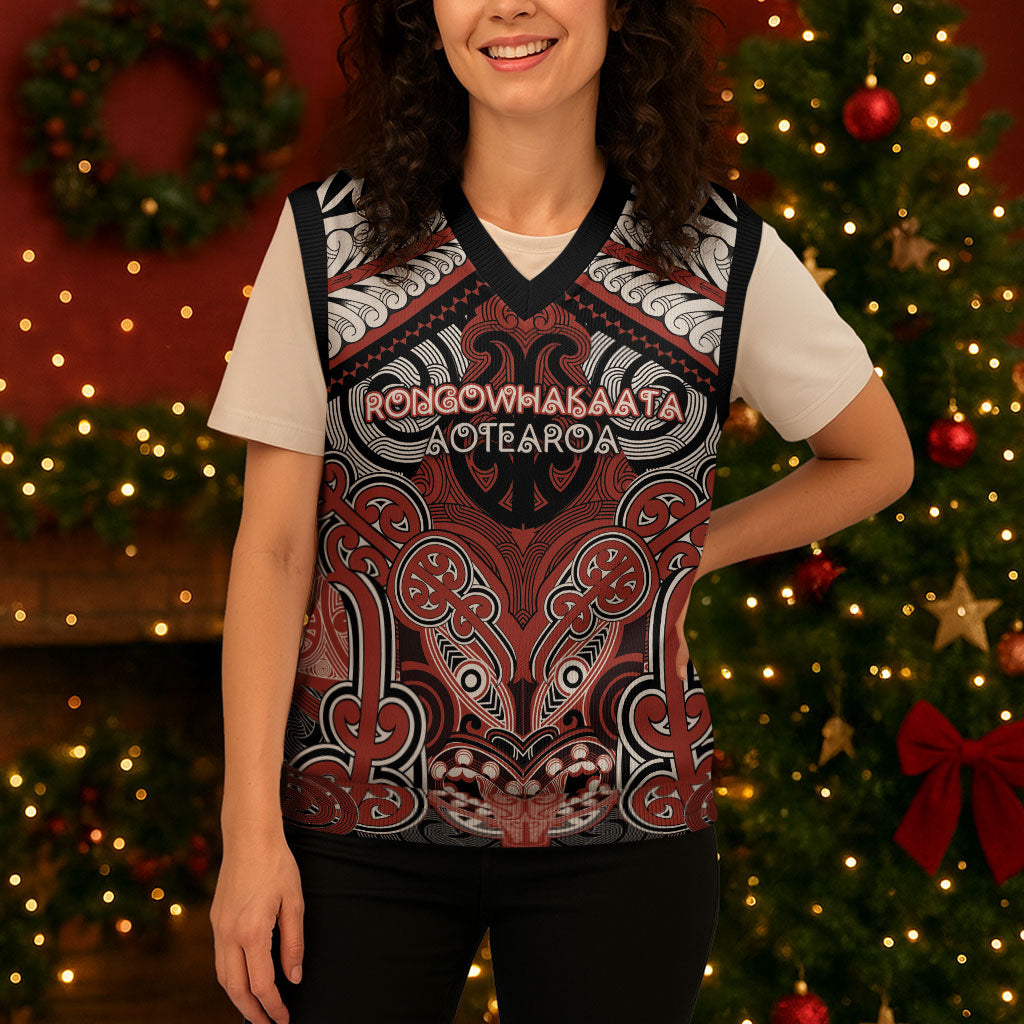 Aotearoa Iwi Rongowhakaata Personalised Christmas Knitted V-Neck Vest Maori Kowhaiwhai Pattern
