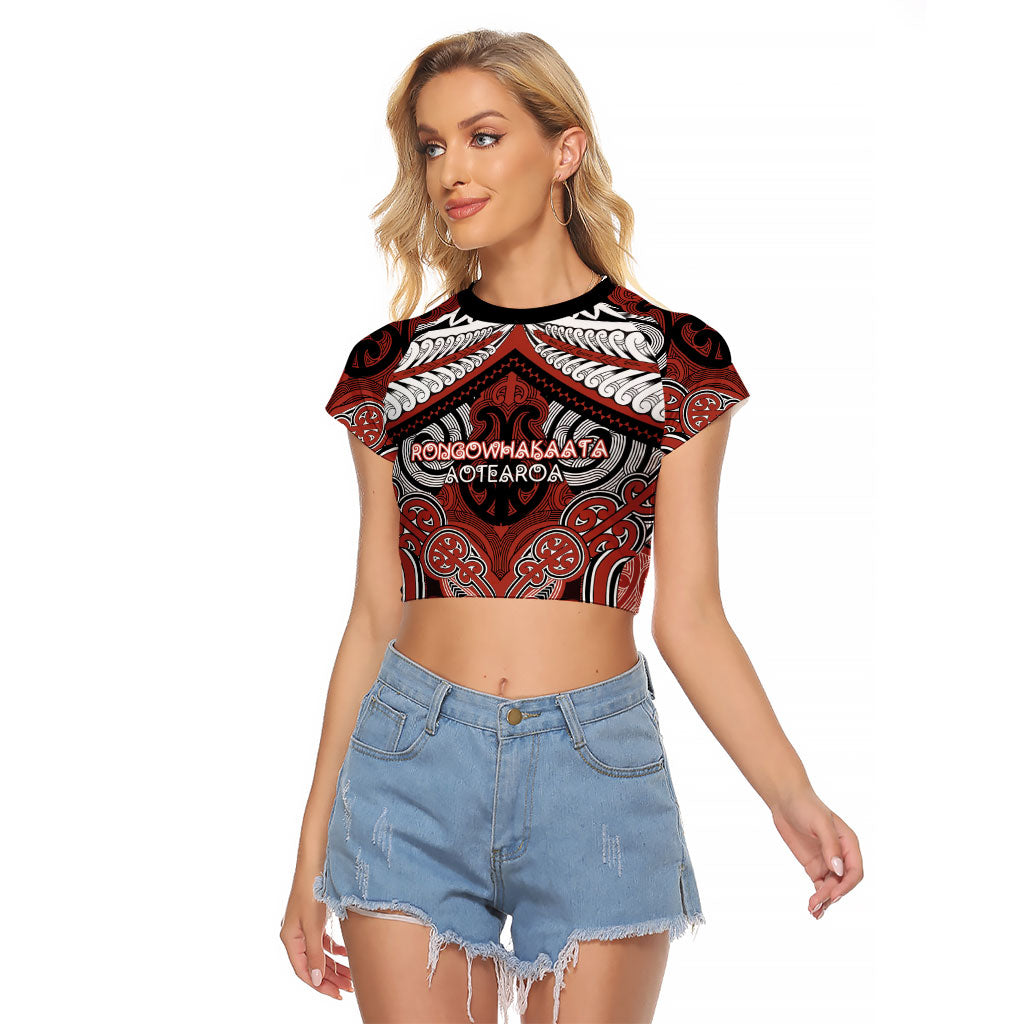 Aotearoa Iwi Rongowhakaata Personalised Raglan Cropped T Shirt Maori Kowhaiwhai Pattern LT19 Female Red - Polynesian Pride