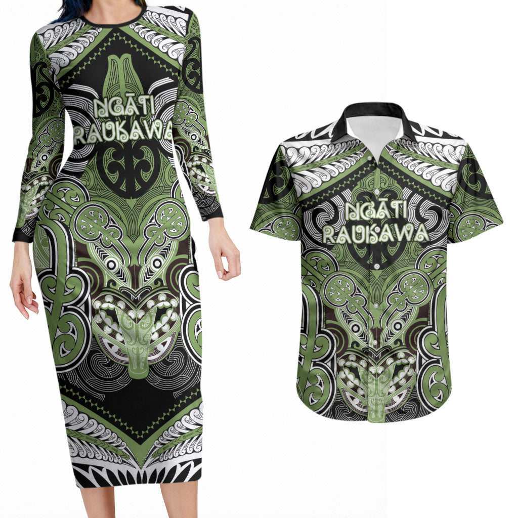 Aotearoa Iwi Ngati Raukawa Personalised Couples Matching Long Sleeve Bodycon Dress and Hawaiian Shirt Maori Kowhaiwhai Pattern