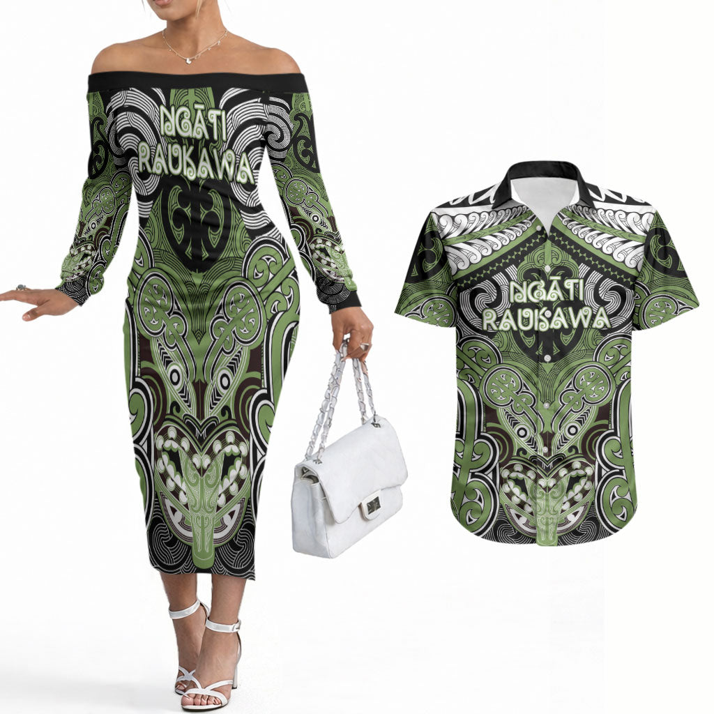 Aotearoa Iwi Ngati Raukawa Personalised Couples Matching Off The Shoulder Long Sleeve Dress and Hawaiian Shirt Maori Kowhaiwhai Pattern LT19 Green - Polynesian Pride