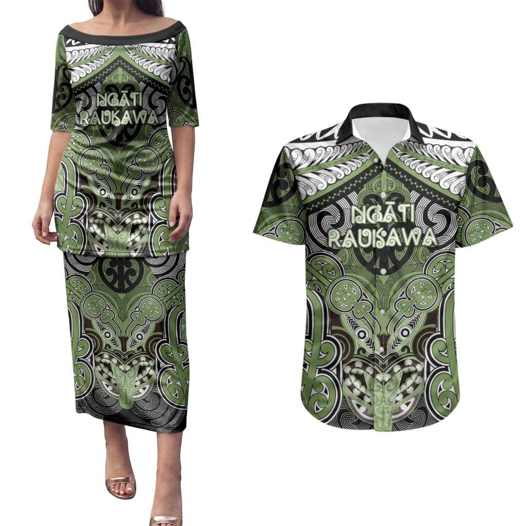 Aotearoa Iwi Ngati Raukawa Personalised Couples Matching Puletasi and Hawaiian Shirt Maori Kowhaiwhai Pattern LT19 Green - Polynesian Pride