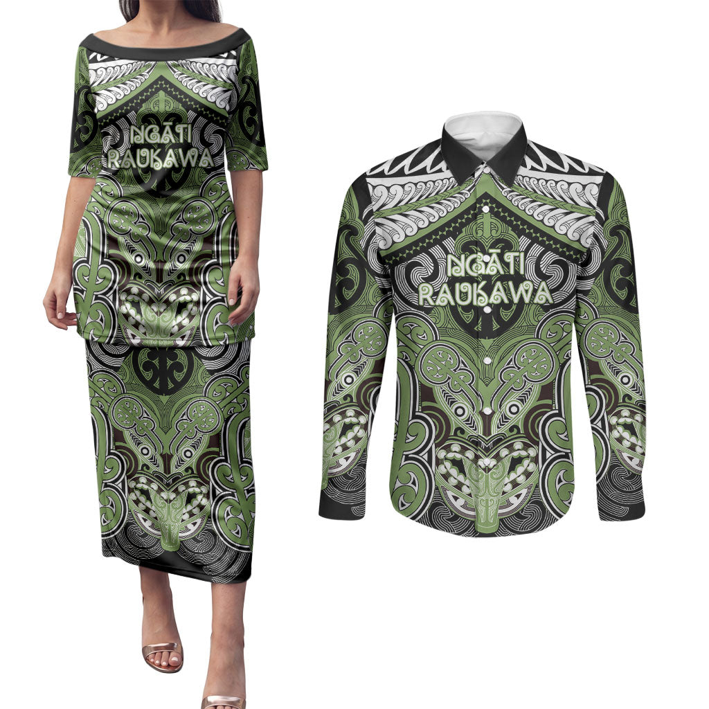 Aotearoa Iwi Ngati Raukawa Personalised Couples Matching Puletasi and Long Sleeve Button Shirt Maori Kowhaiwhai Pattern