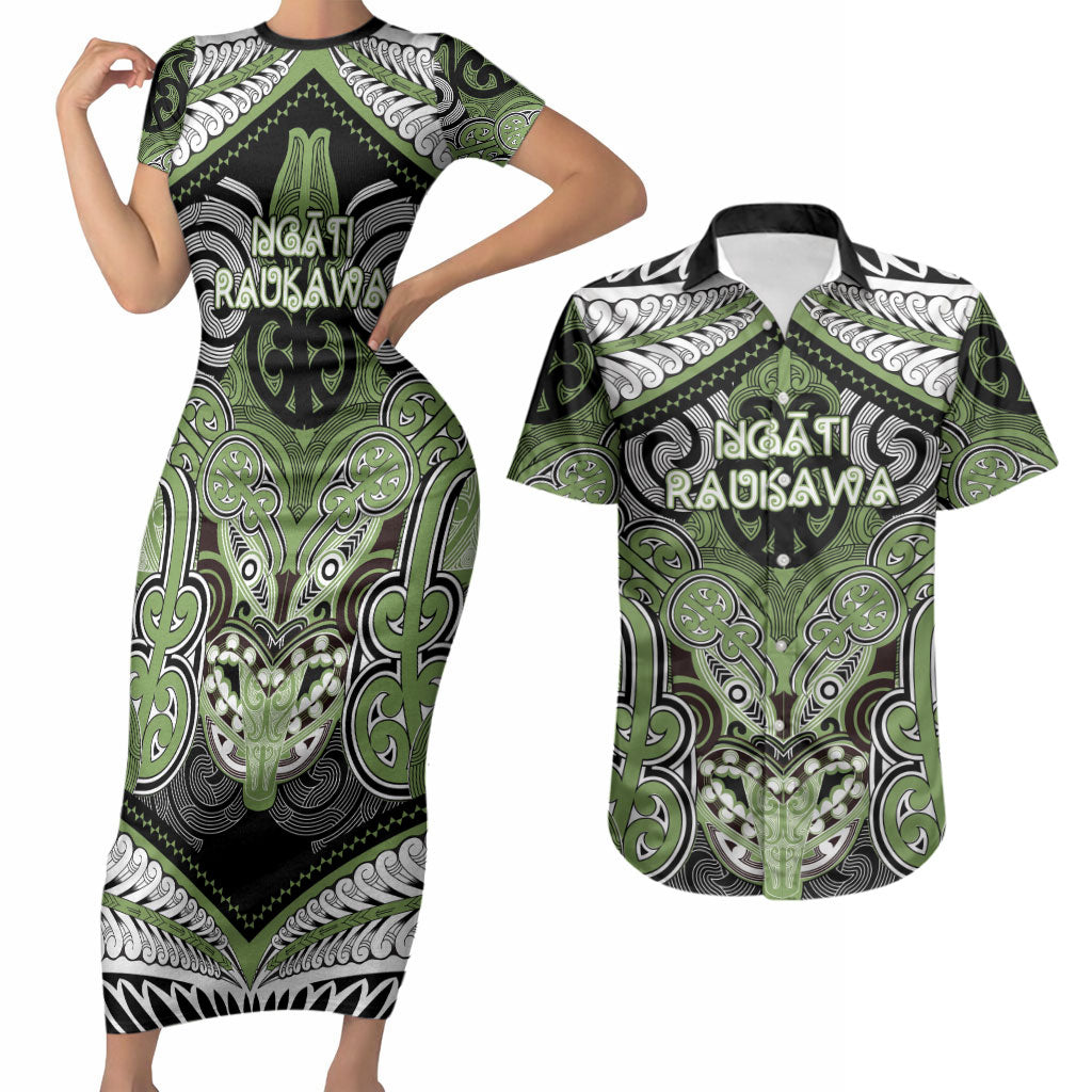 Aotearoa Iwi Ngati Raukawa Personalised Couples Matching Short Sleeve Bodycon Dress and Hawaiian Shirt Maori Kowhaiwhai Pattern LT19 Green - Polynesian Pride