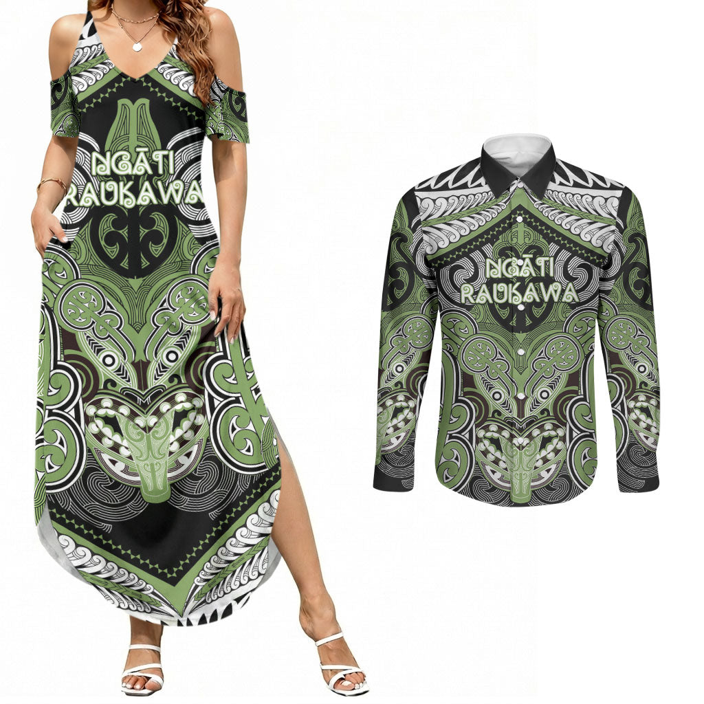 Aotearoa Iwi Ngati Raukawa Personalised Couples Matching Summer Maxi Dress and Long Sleeve Button Shirt Maori Kowhaiwhai Pattern LT19 Green - Polynesian Pride